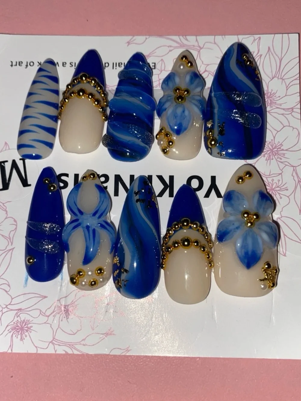 Medium size handmade Blue Floral & Gold Accent Press-On Nail Set - Women Makeup